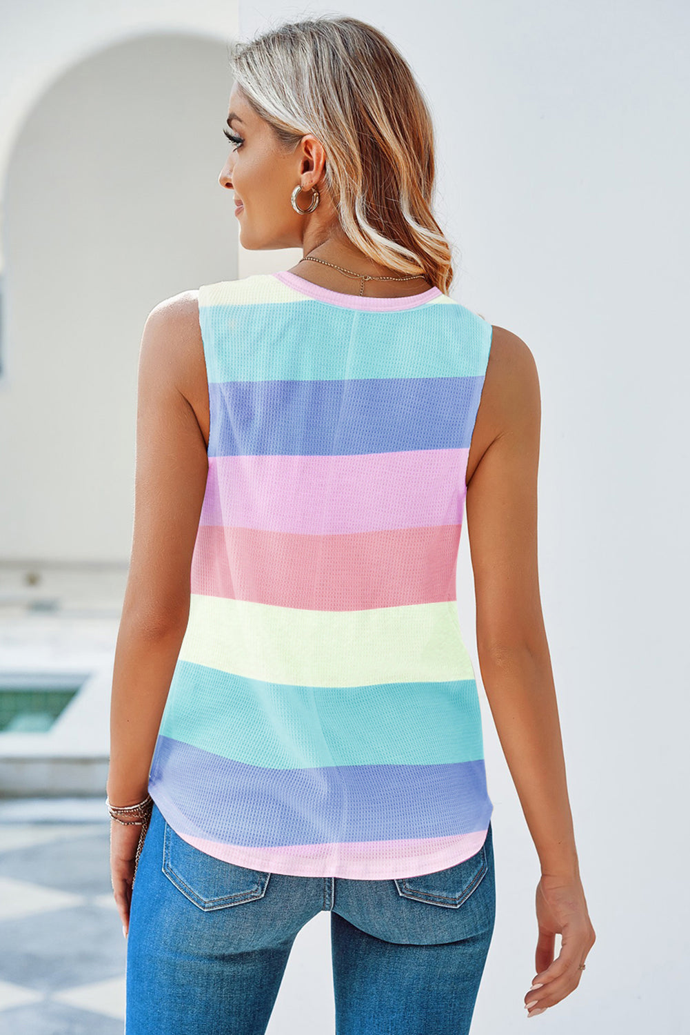 Multicolor Striped Print Tied Shoulder Flowy Tank Top