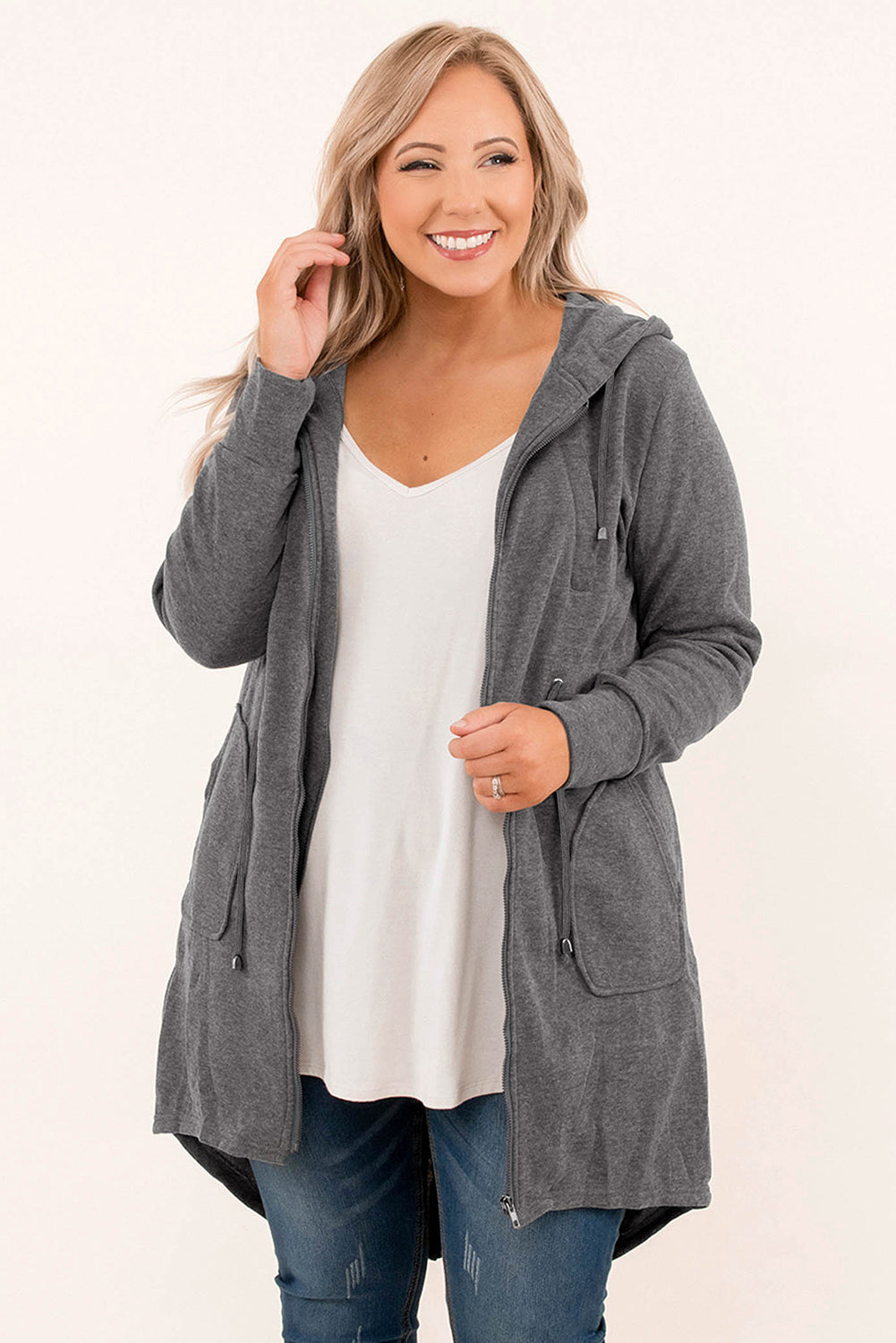 Gray Plus Size Drawstring High Low Hooded Jacket