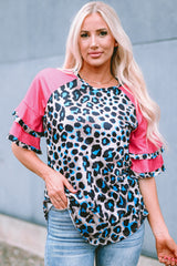 Layered Ruffle Sleeves Patchwork Leopard Print Blouse