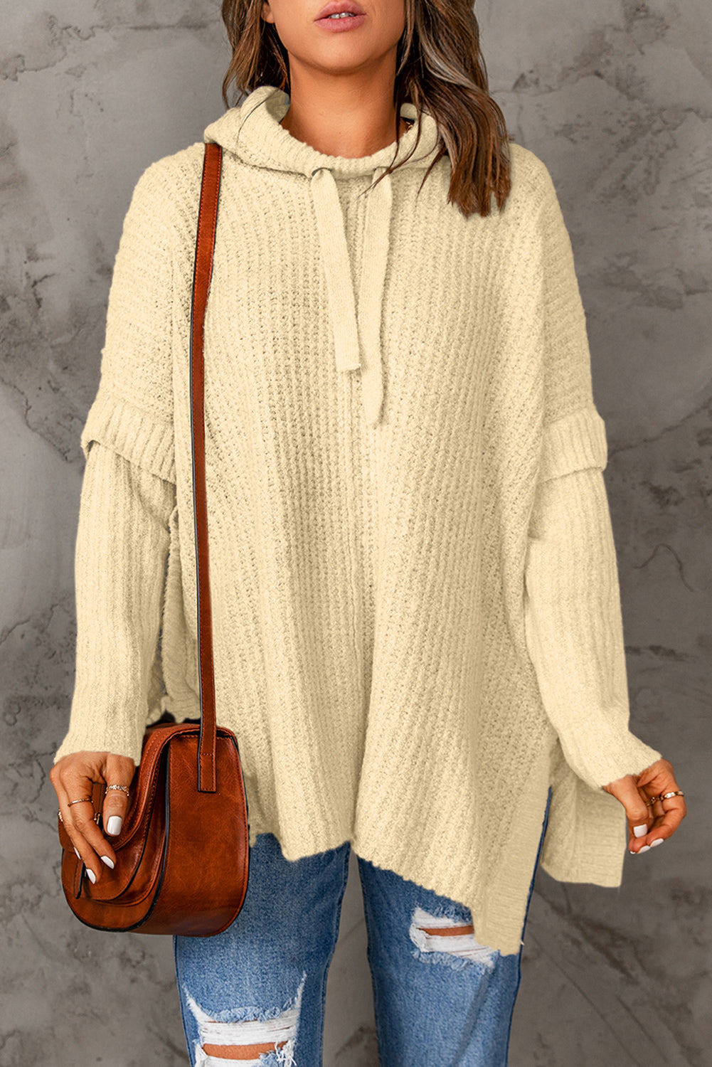 Apricot Waffle Knit Loose Slit Drawstring Hooded Sweater