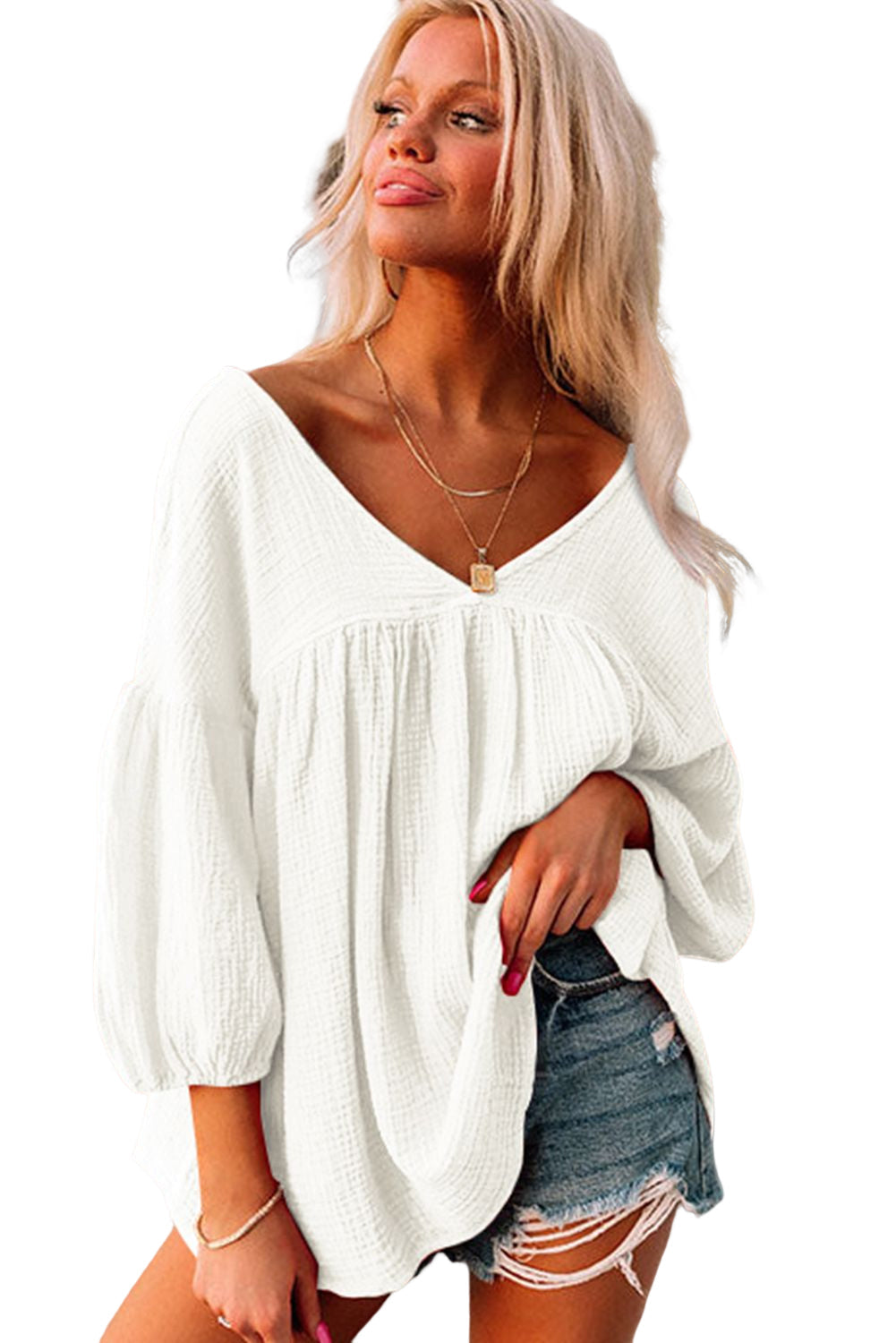 Green Textured V Neck Bracelet Sleeve Babydoll Blouse