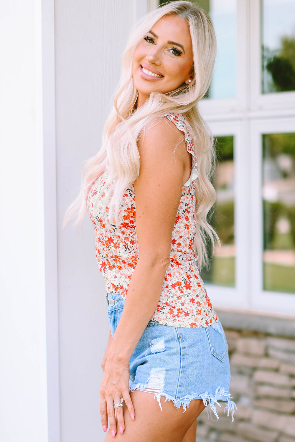 Red Floral Ribbed Knit Frill Tank Top