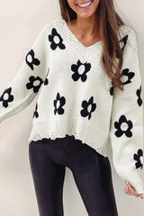 Beige Floret Knitted V Neck Distressed Sweater