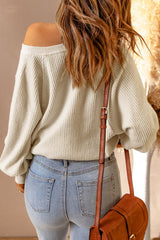 Beige Snap Button V-Neck Waffle Knit Top