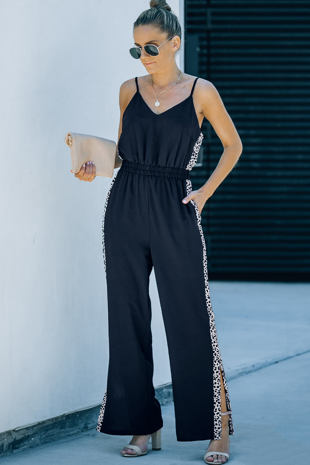 Black Leopard Patchwork Spaghetti Strap Wide Leg Jumpsuit