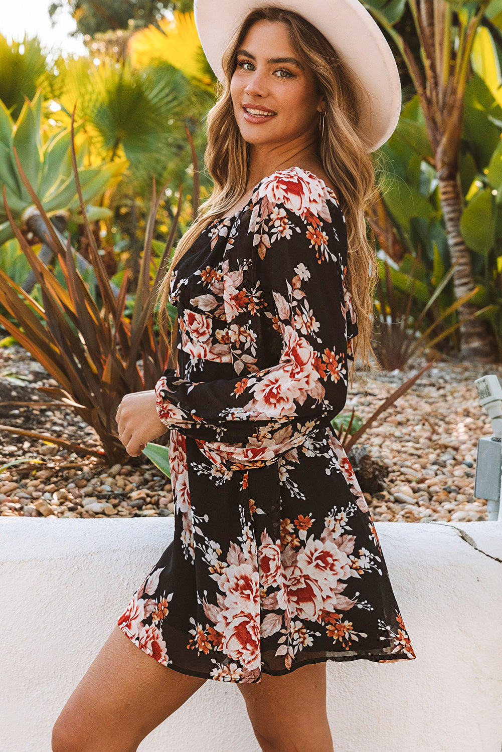 Black Floral Print Tie Back Mini Dress