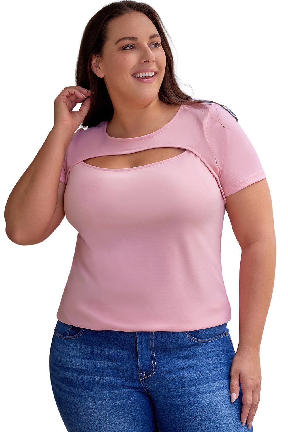 Pink Peekaboo Cutout Front Plus Size T-shirt