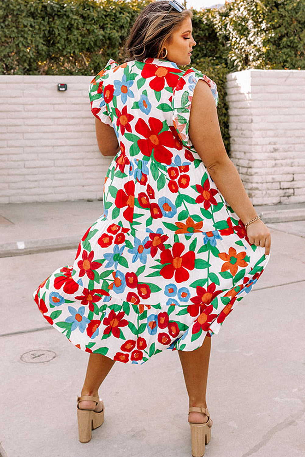 Multicolor Flutter Sleeve V Neck High Waist Floral Midi Dress