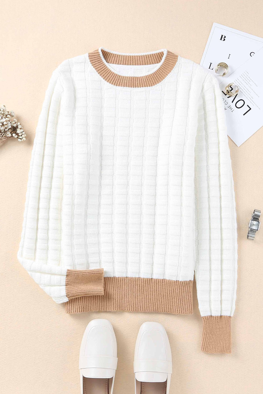 White Textured Knit Contrast Long Sleeve Sweater