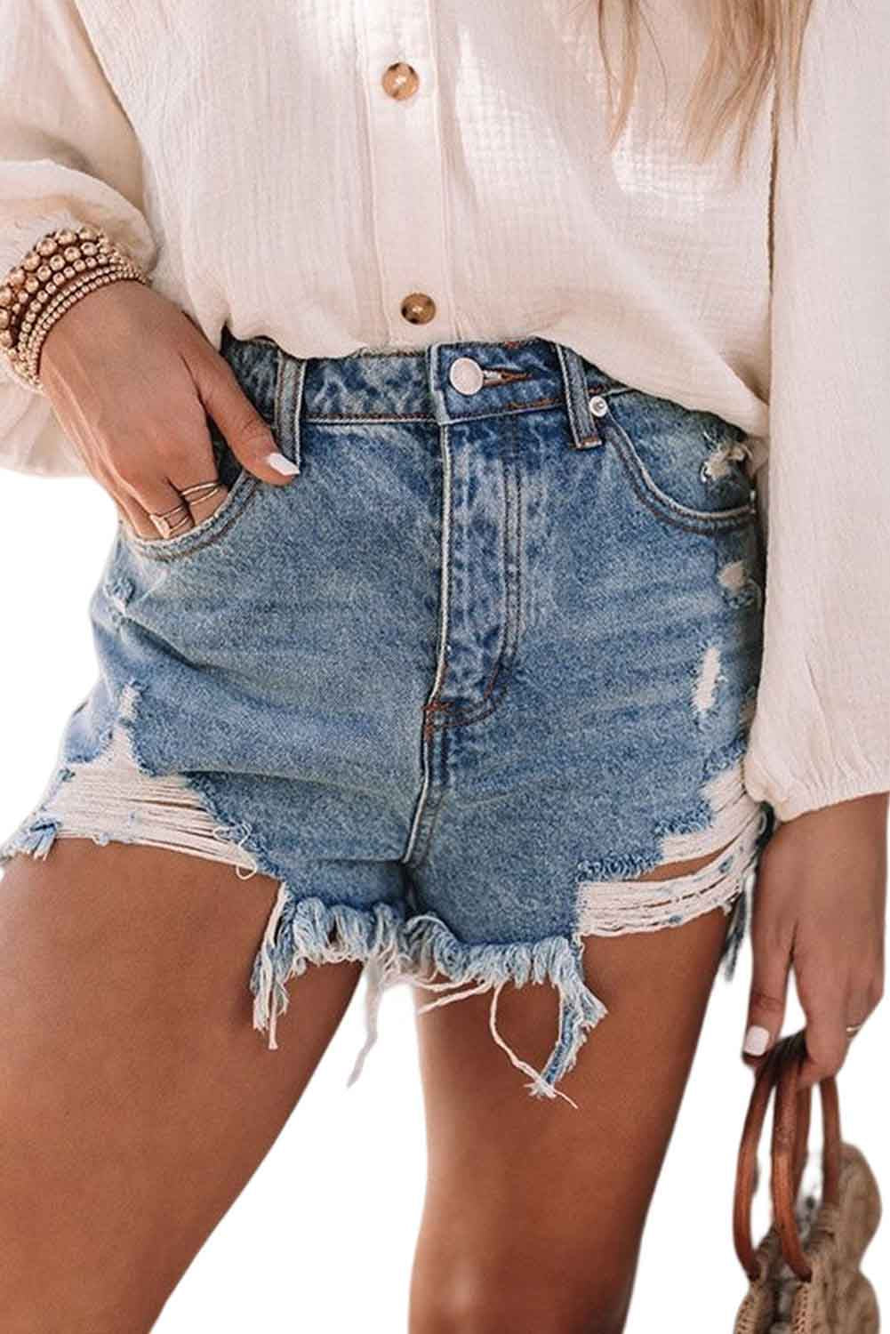 Sky Blue Distressed Raw Edge Jean Shorts