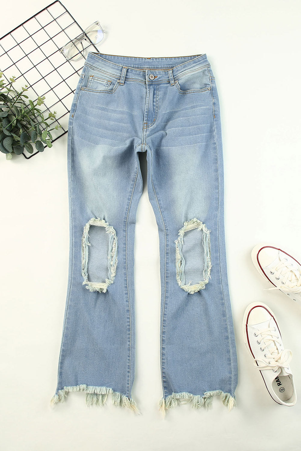 Sky Blue Distressed Knee Holes Straight Leg Jeans