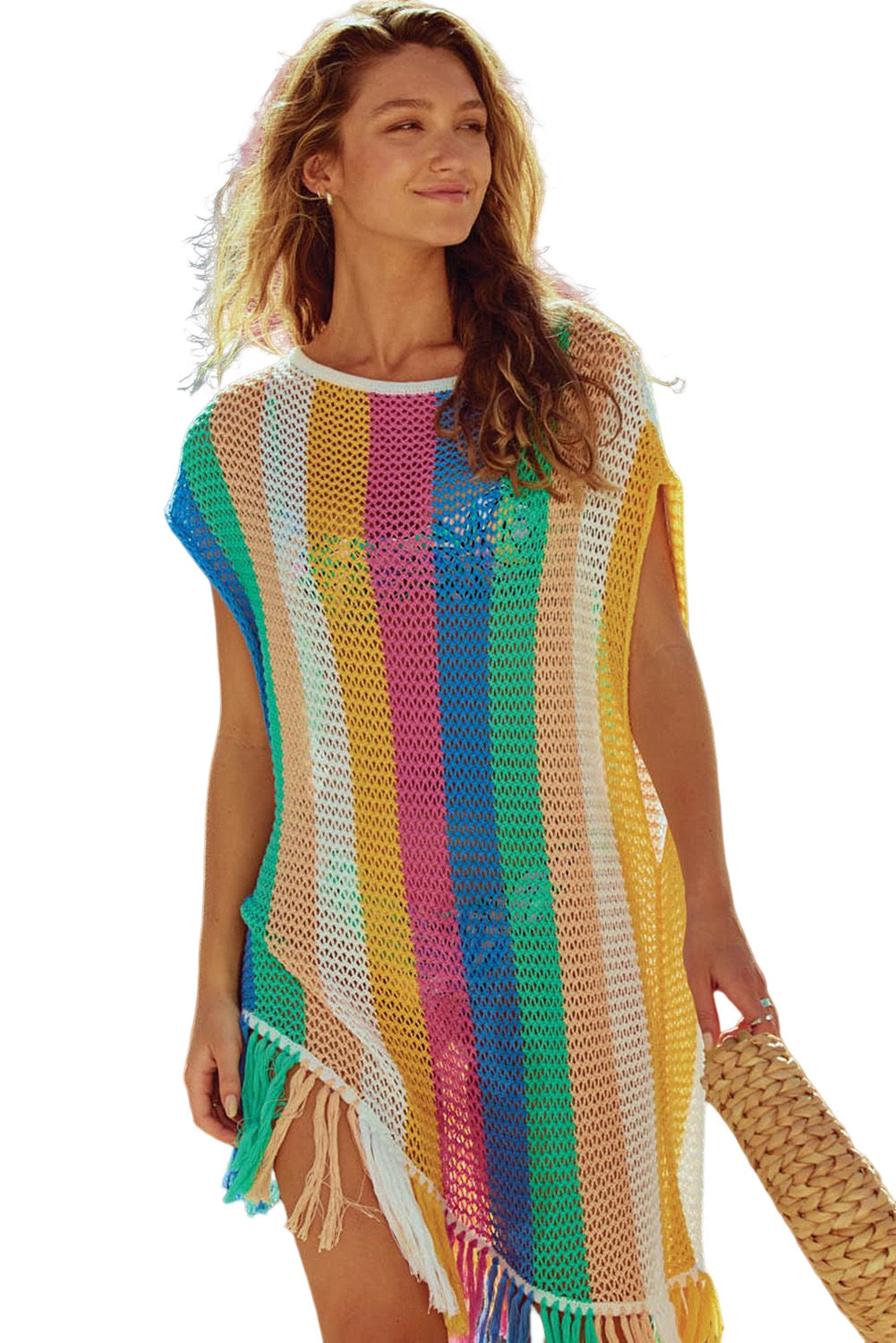 Multicolor Stripe Tasseled Crochet Beach Cover Up