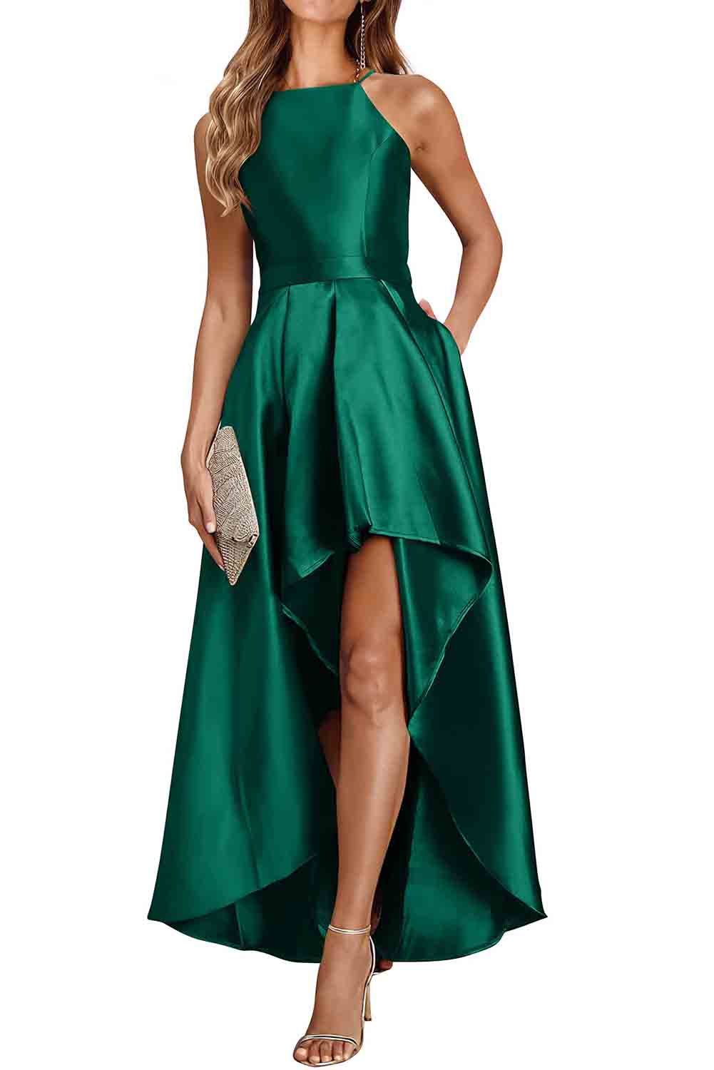 Green Satin Sleeveless Pleated High Low Dress with Pocket