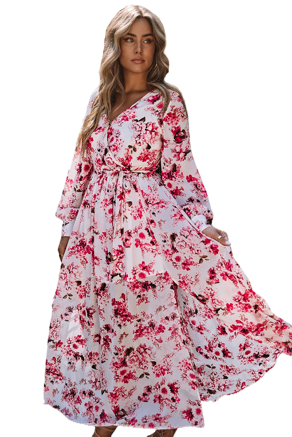 Pink Wrap V Neck Floral Maxi Dress