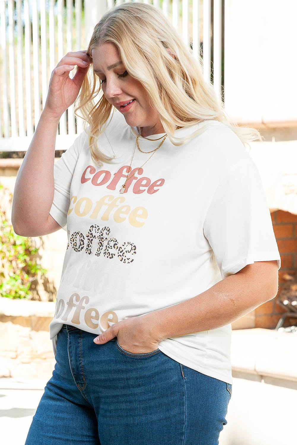 Beige Coffee Letter Print Vintage Plus Size T-shirts