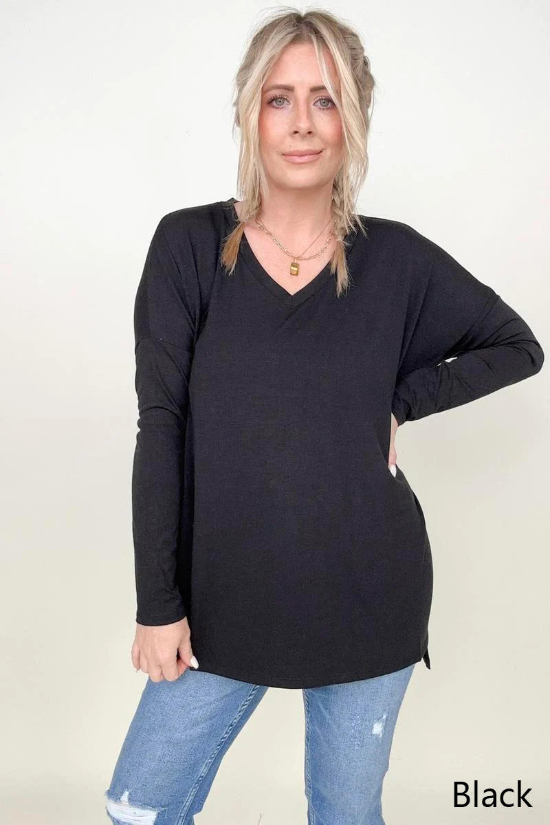 Amicg Solid Dolman Sleeve V Neck Top With Side Slits