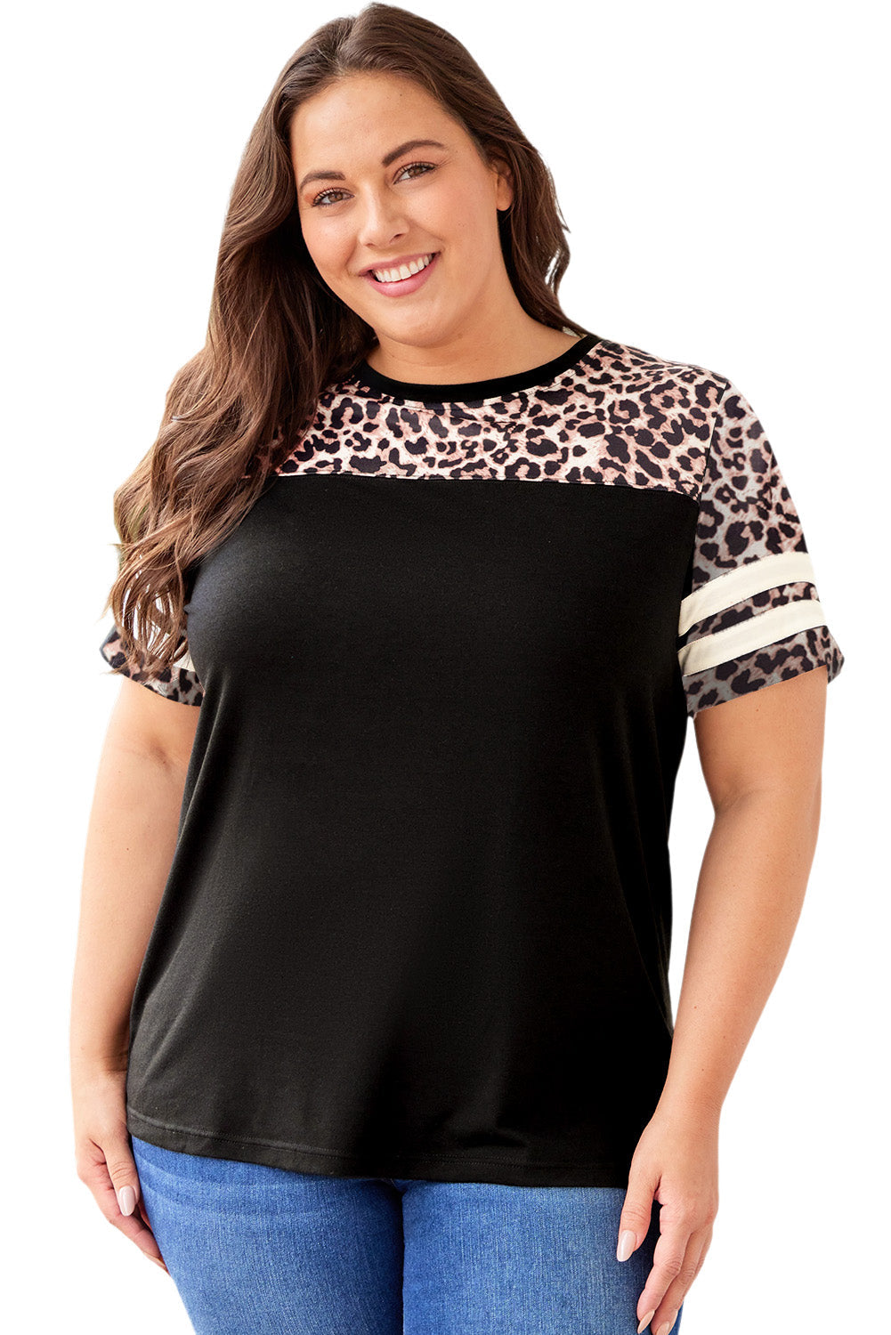 Black Sequin Striped Patchwork Short Sleeve Plus Size T Shirt