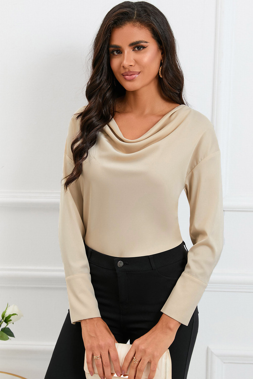 Green Cowl Neck Long Sleeve Elegant Blouse