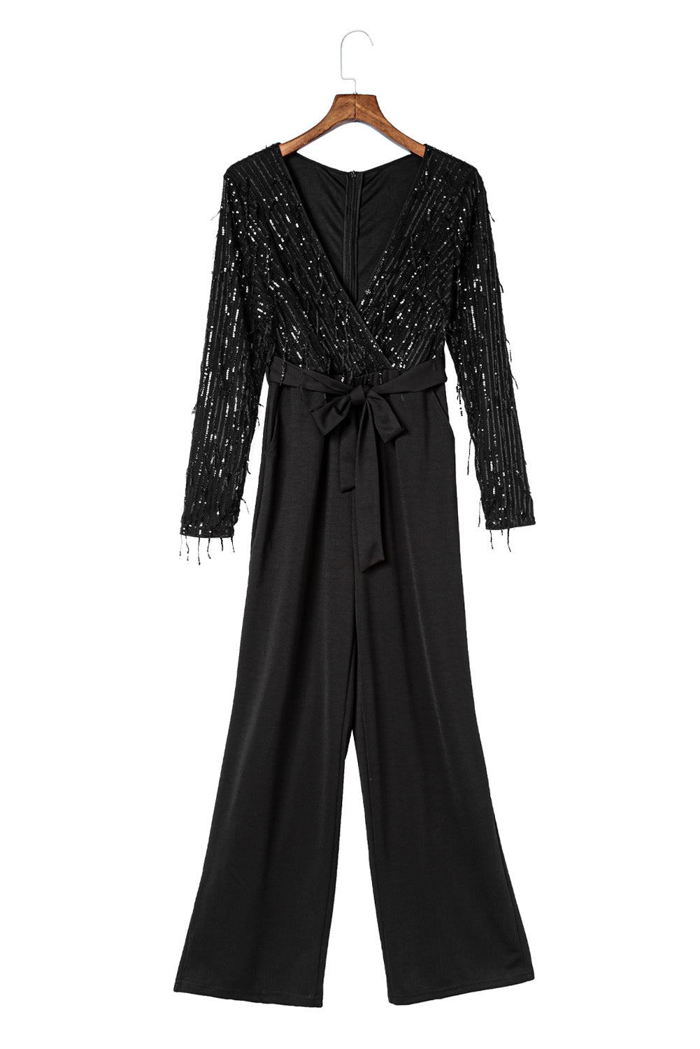 Black Sequin Fringes V Neck Long Sleeve Jumpsuit