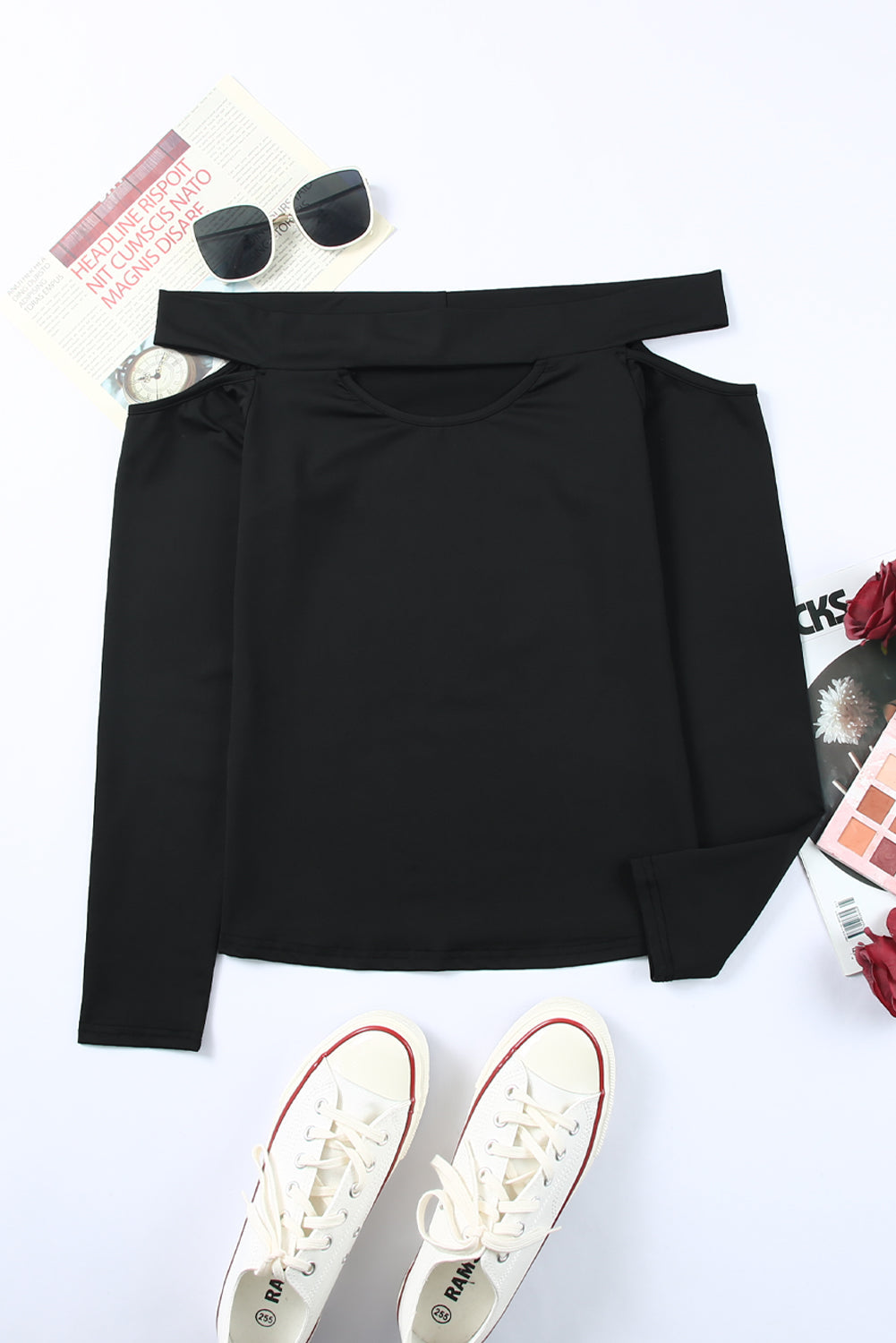 Black Hollow-out Off-the-shoulder Slim Fit Top