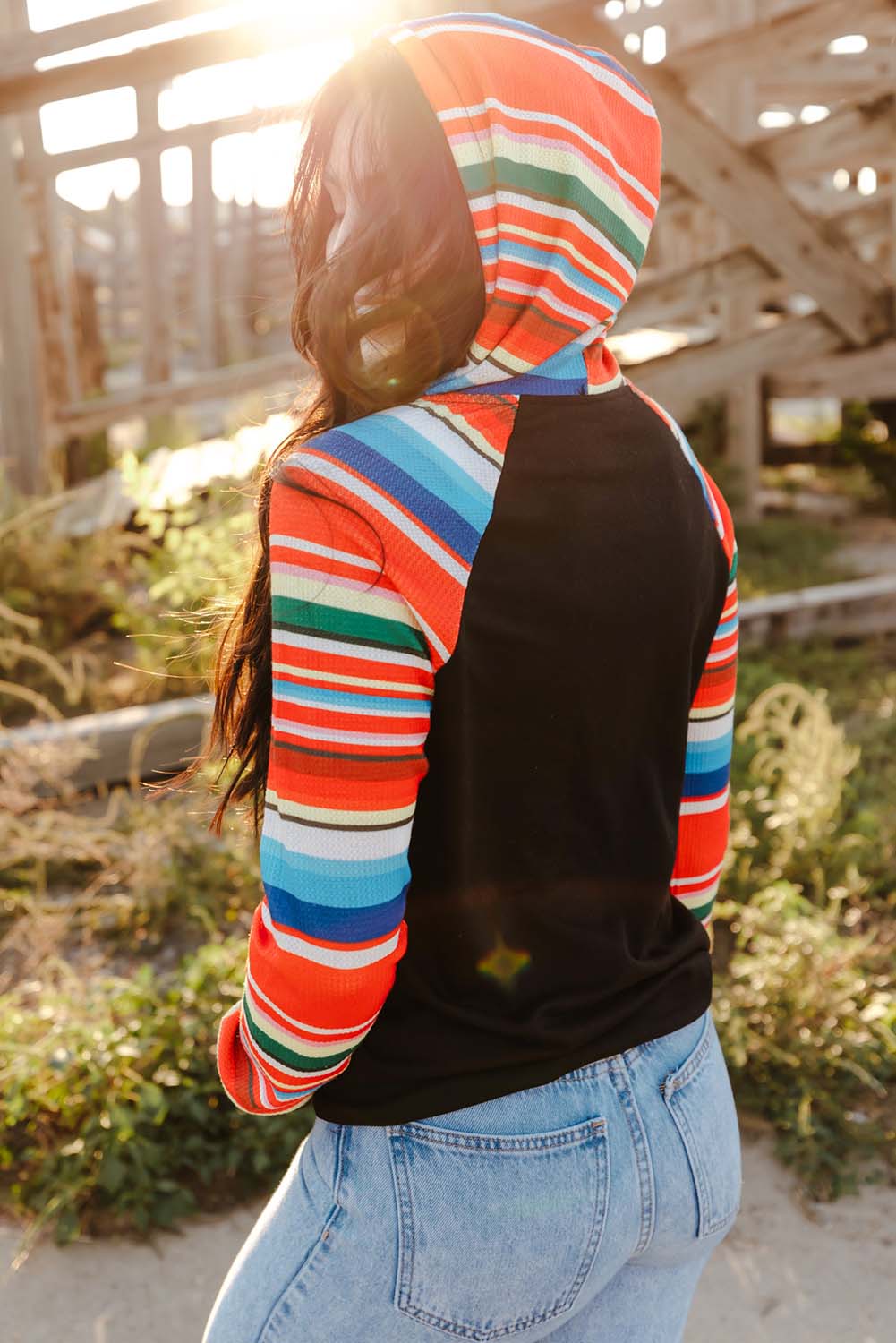 Multicolor Colorful Striped Patchwork Kangaroo Pocket Hoodie