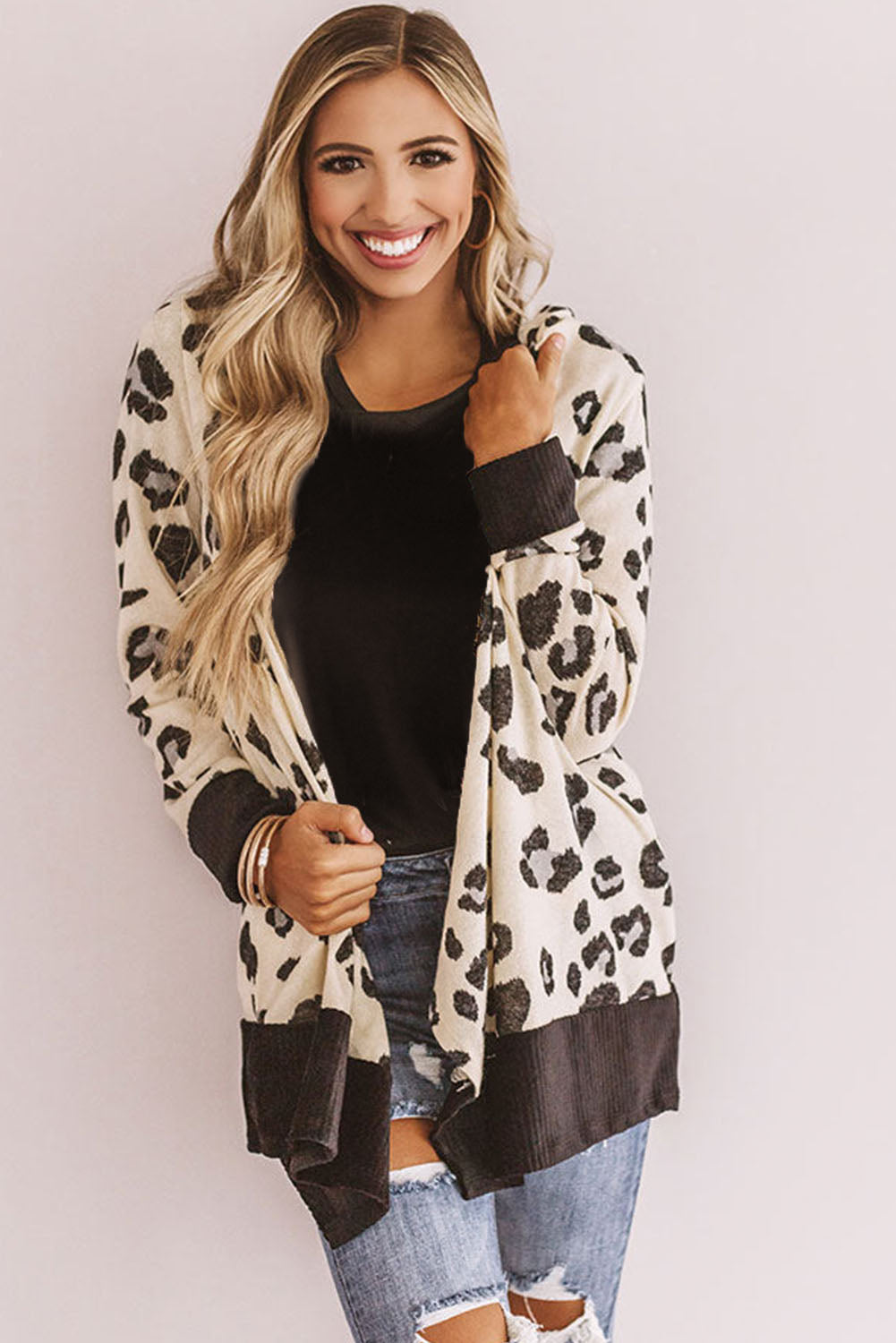Leopard Print Hooded Open Front Cardigan
