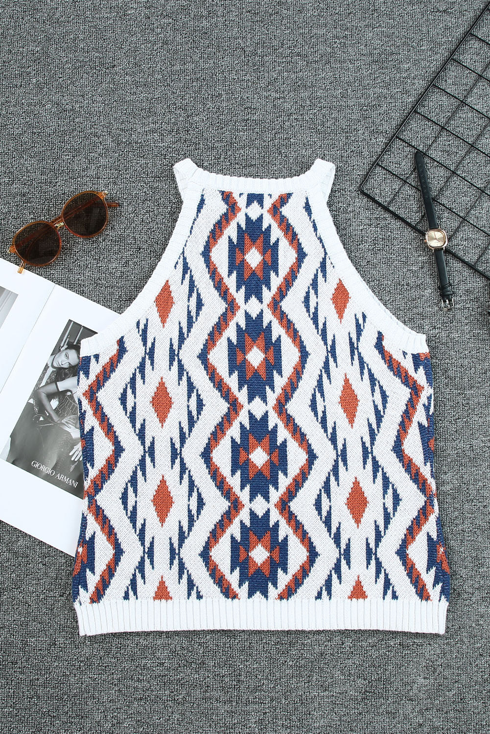 Black Aztec Geometric Print Knitted Tank Top