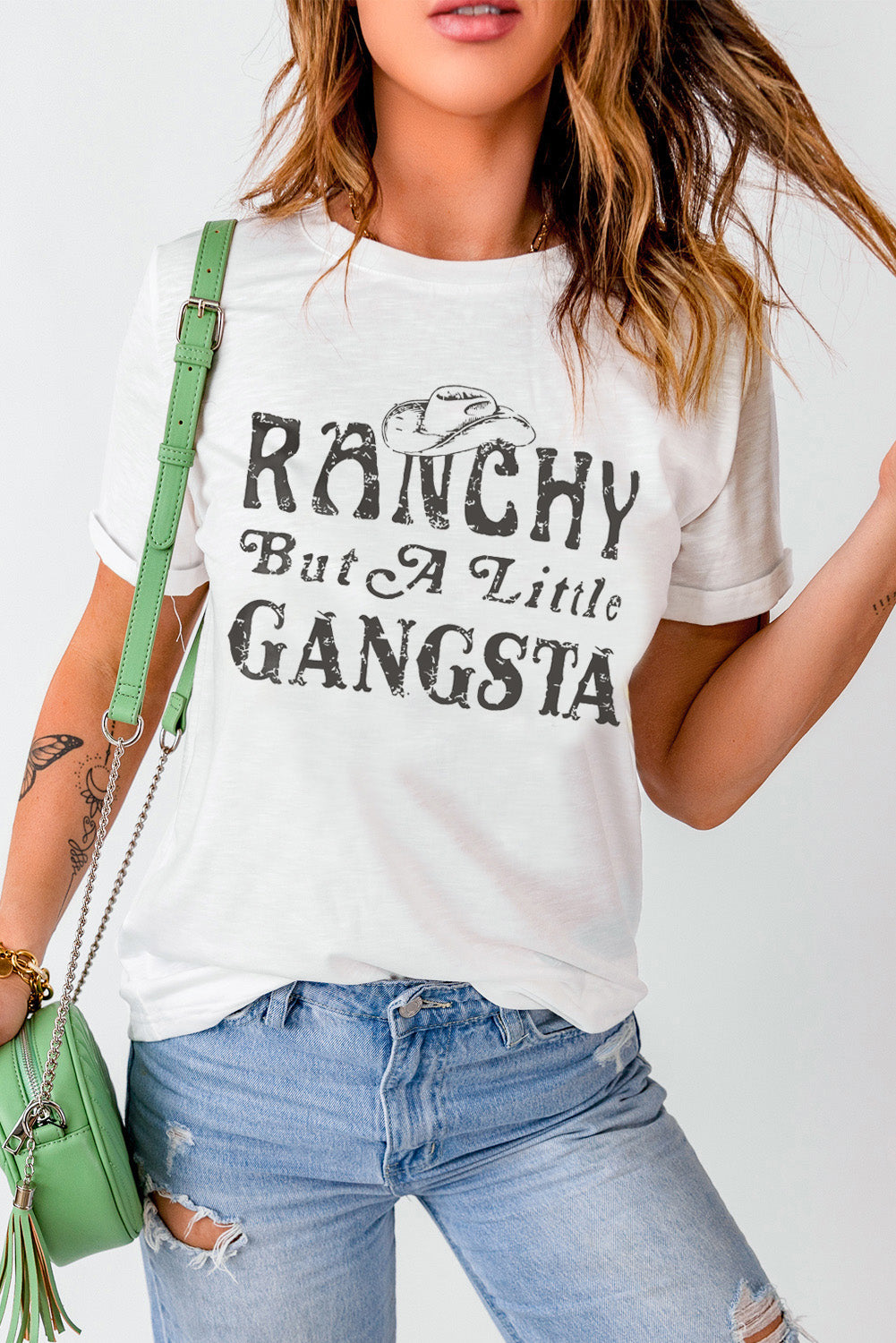 White Western Slogan Letter Print Short Sleeve T Shirt