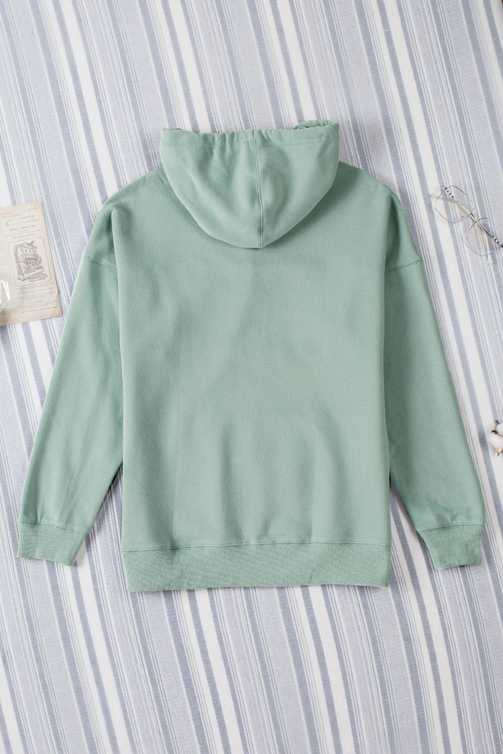 Green Contrast Wide Band Front Drawstring Hoodie