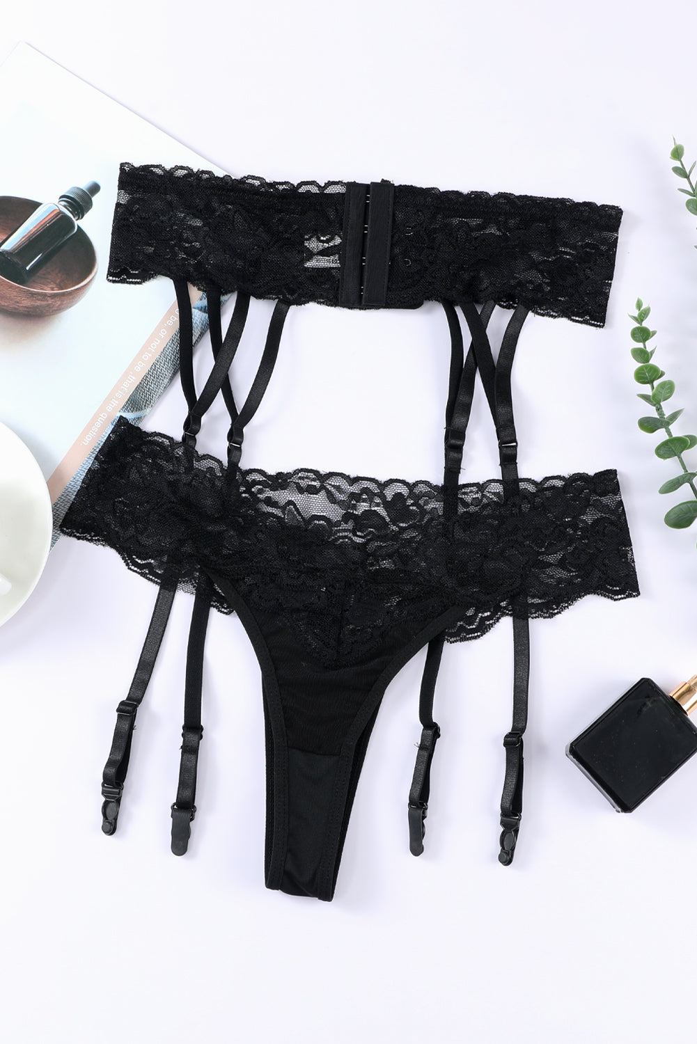 Black Vintage Lace Garter Belt with Thong
