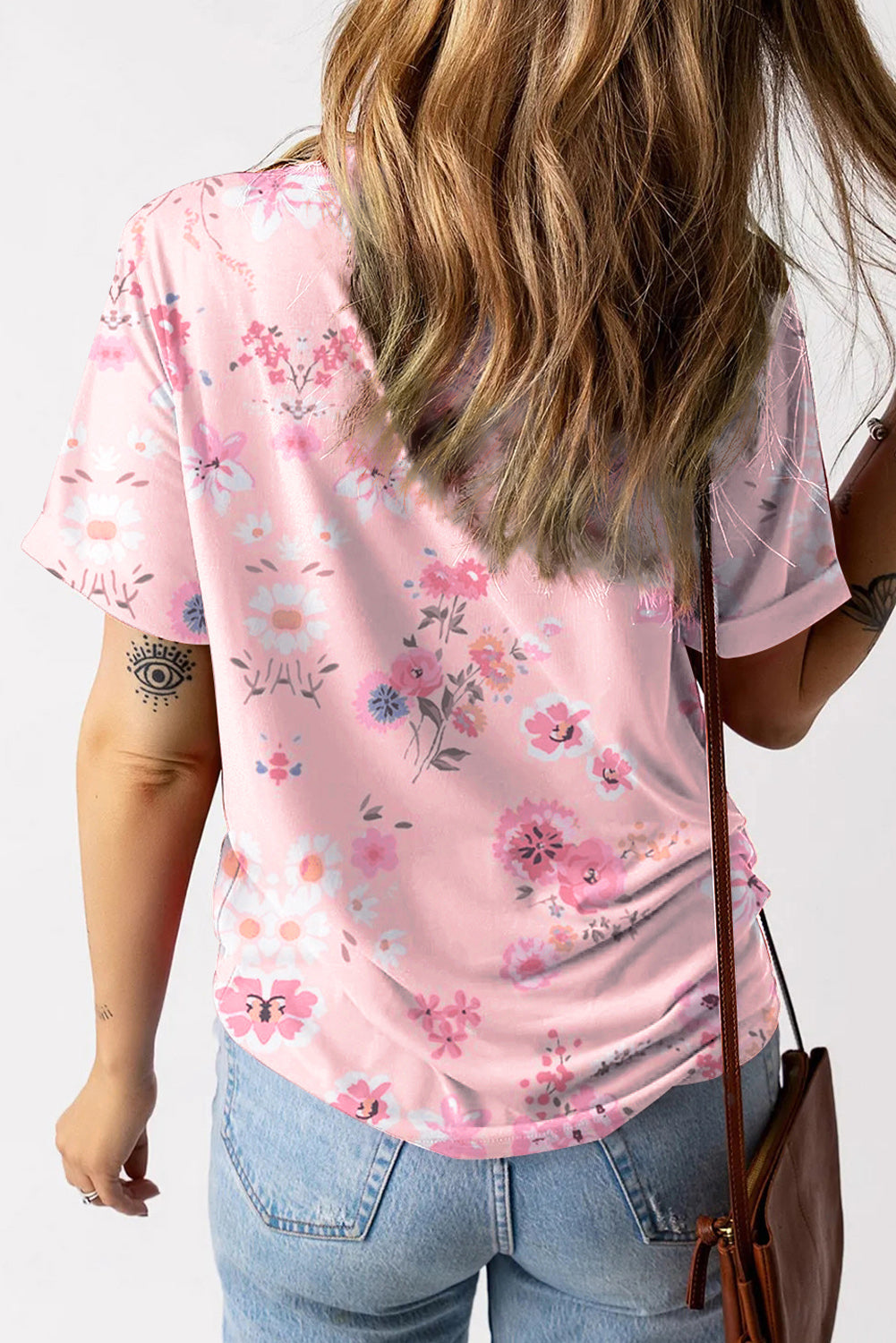 Pink V Neck Floral Print T-shirt