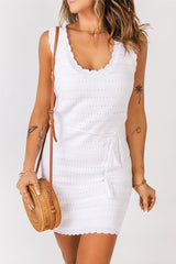 White Scalloped Trim Sleeveless Knit Mini Dress
