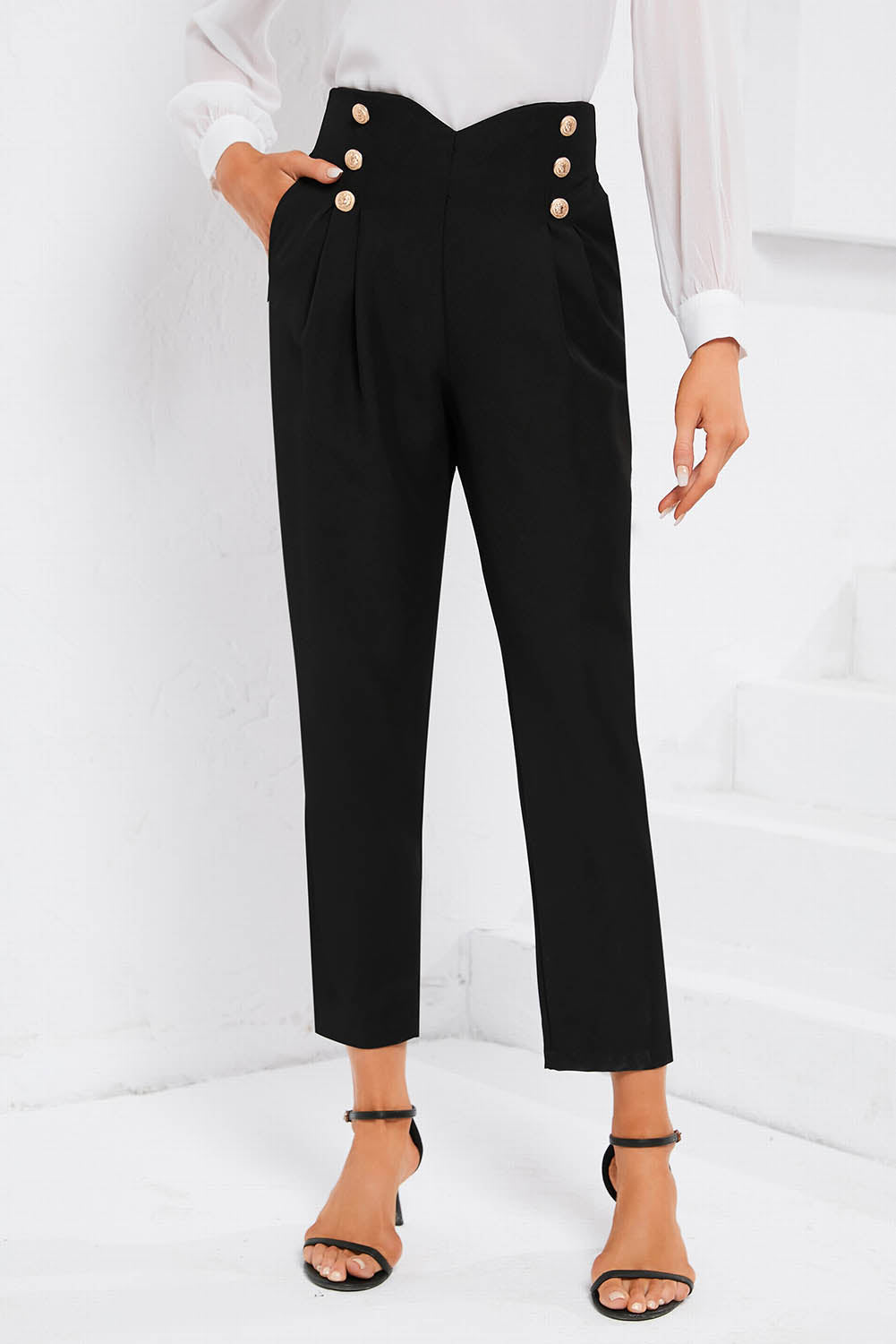 Black Double Breasted Pleated Casual Cropped Pants