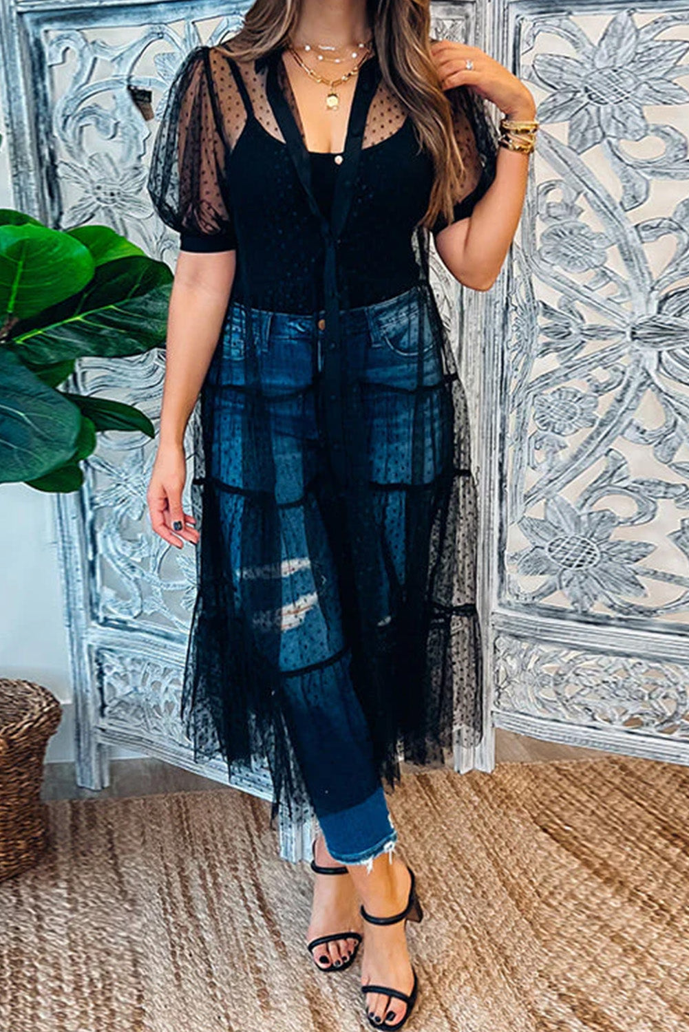Black Polka Dot Button Up Short Sleeve Sheer Kimono