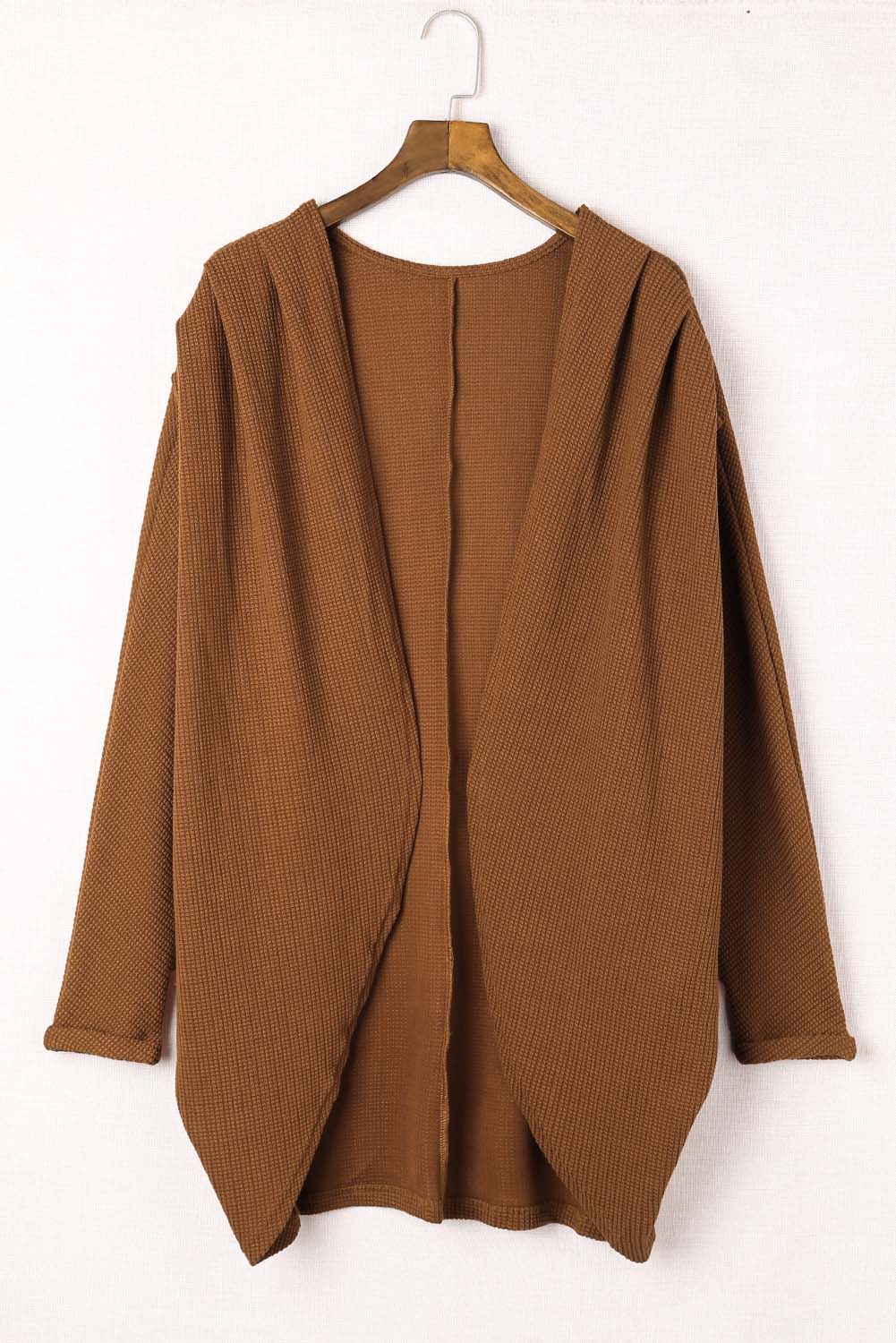 Brown Waffle Knit Open Front Rounded Hem Cardigan