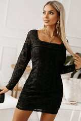 Black Square Neck Long Sleeve Lace Bodycon Mini Dress