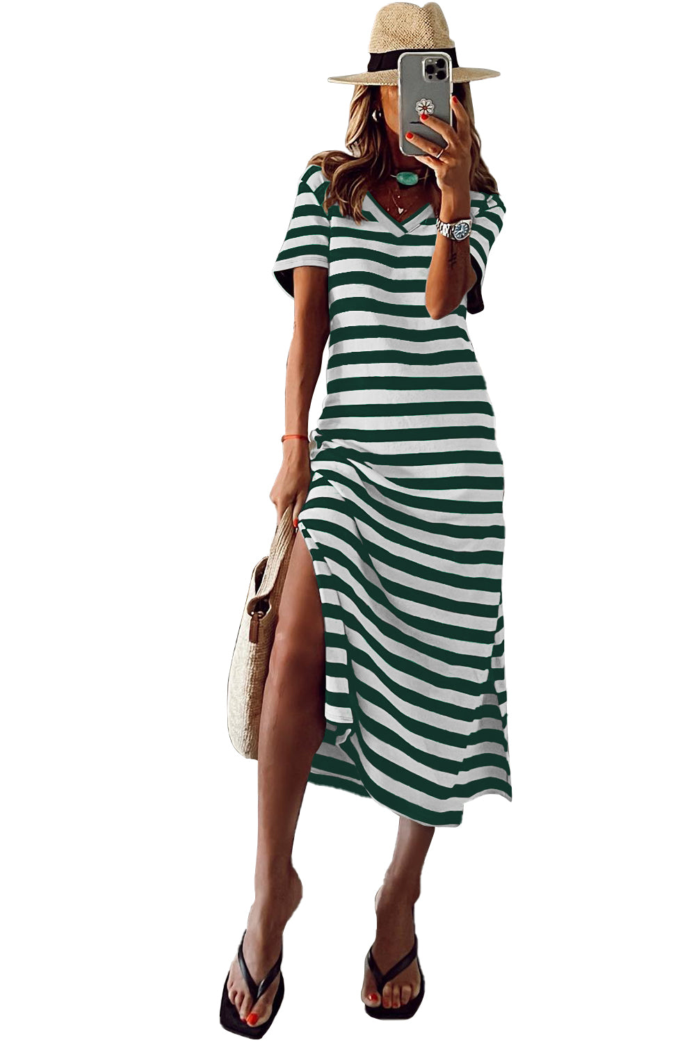 Black Stripe Print V Neck Maxi Dress with Side Splits