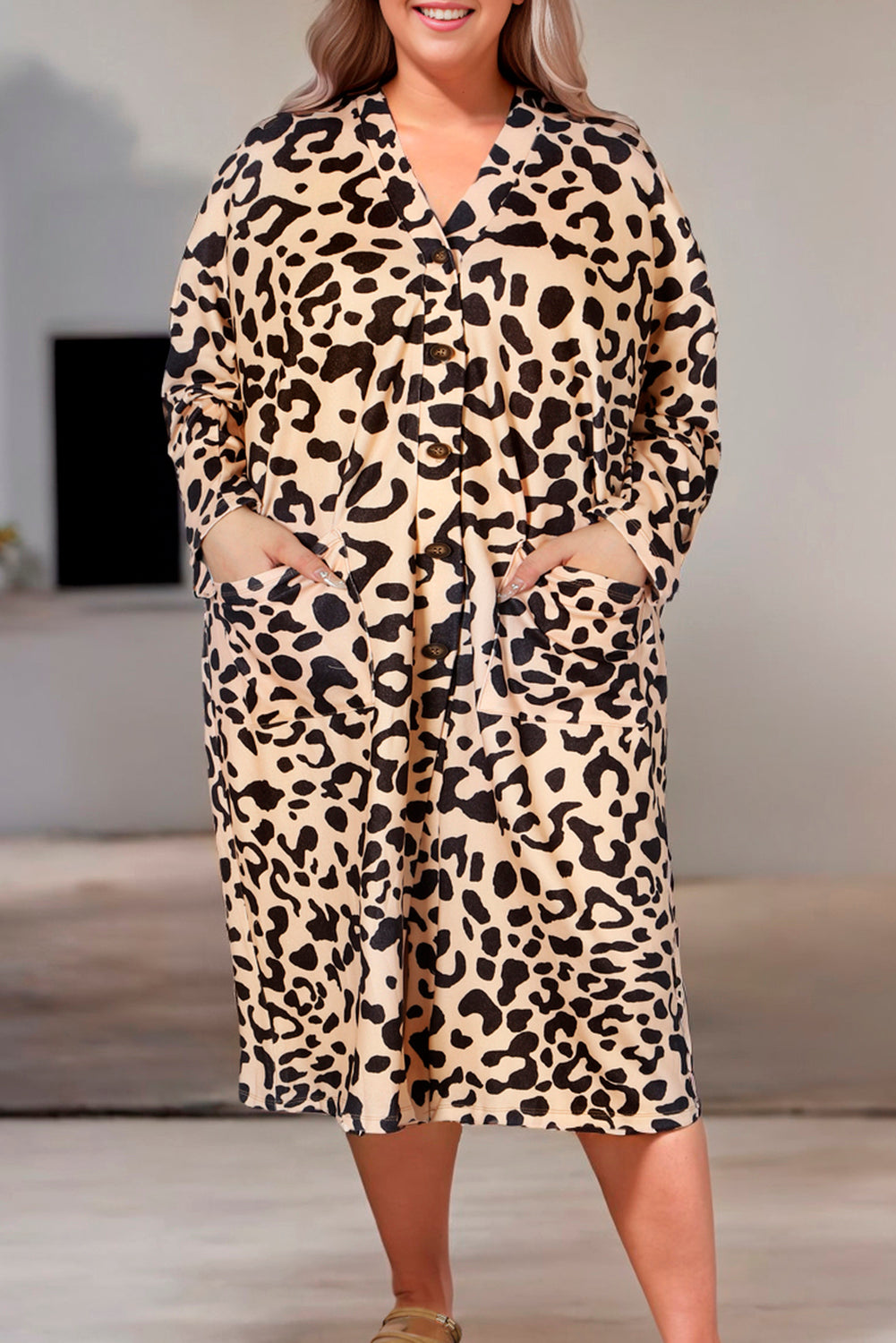 Leopard Plus Size Open Front Pocketed Long Cardigan