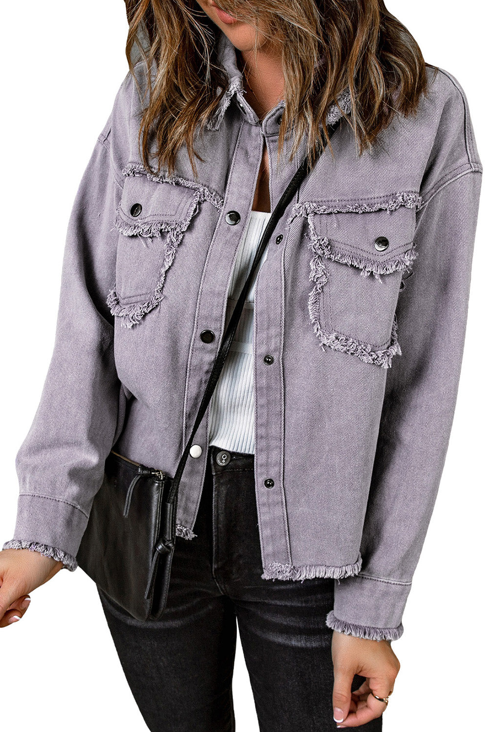 Distressed Flap Pockets Frayed Hemline Denim Jacket