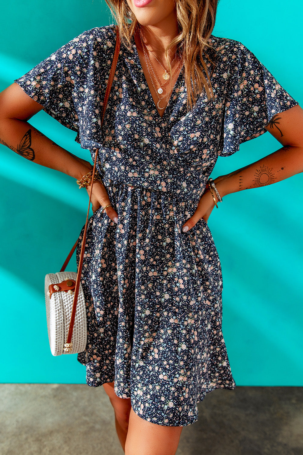 Blue Floral Print Tie Knot Ruffled Short Sleeve Mini Dress