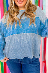 Sky Blue Plus Size Waffle Knit Patchwork Drop Shoulder Top