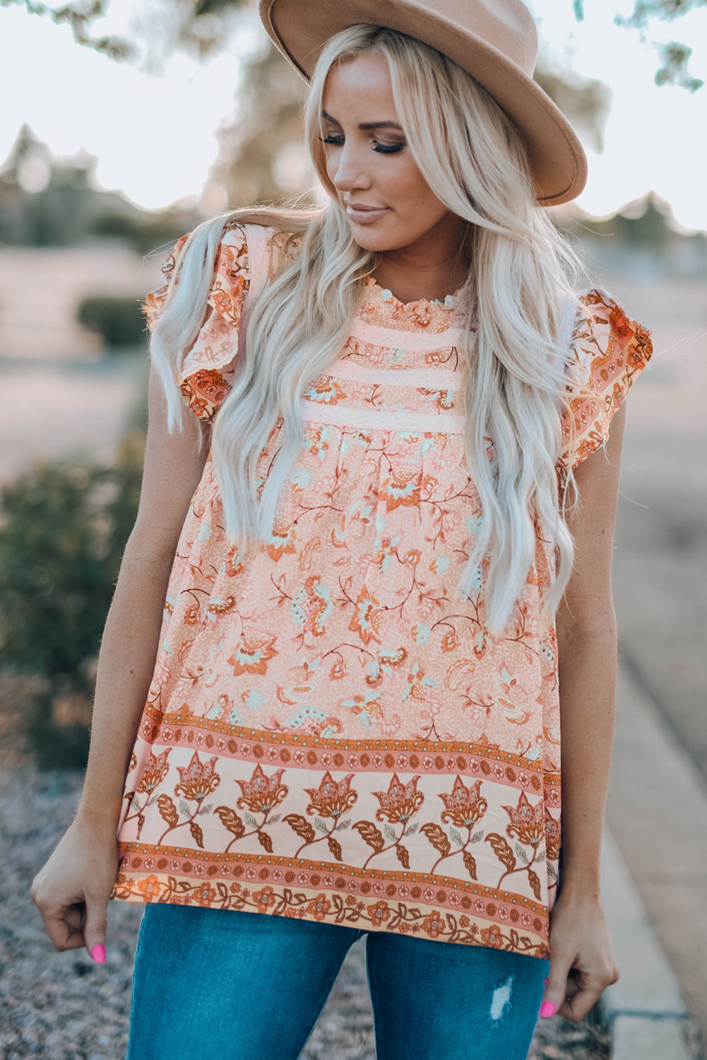 Sky Blue Floral Print Ruffled Crew Neck Sleeveless Top