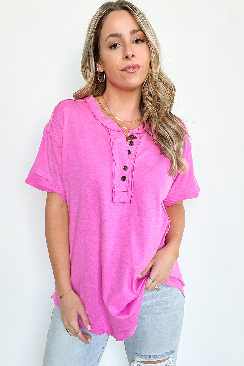 Rose Raw Edge Button Henley Top