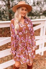 Brown Floral Print Drawstring V Neck Ruffled Babydoll Mini Dress
