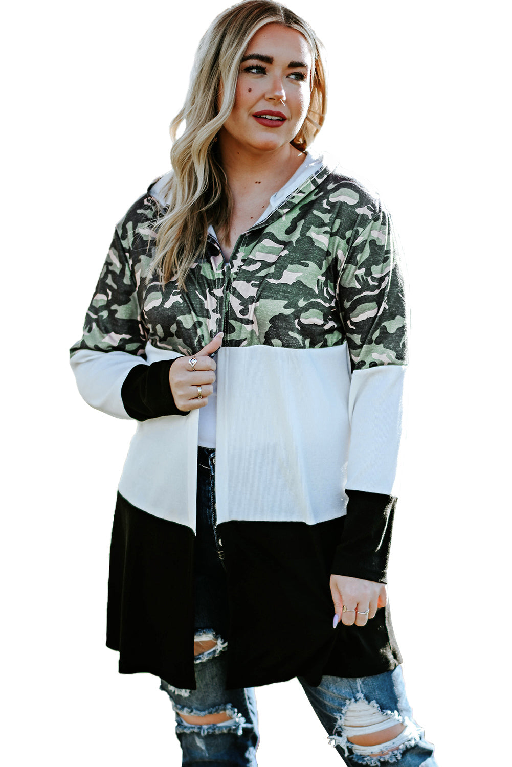 Army Camo Colorblock Hooded Cardigan