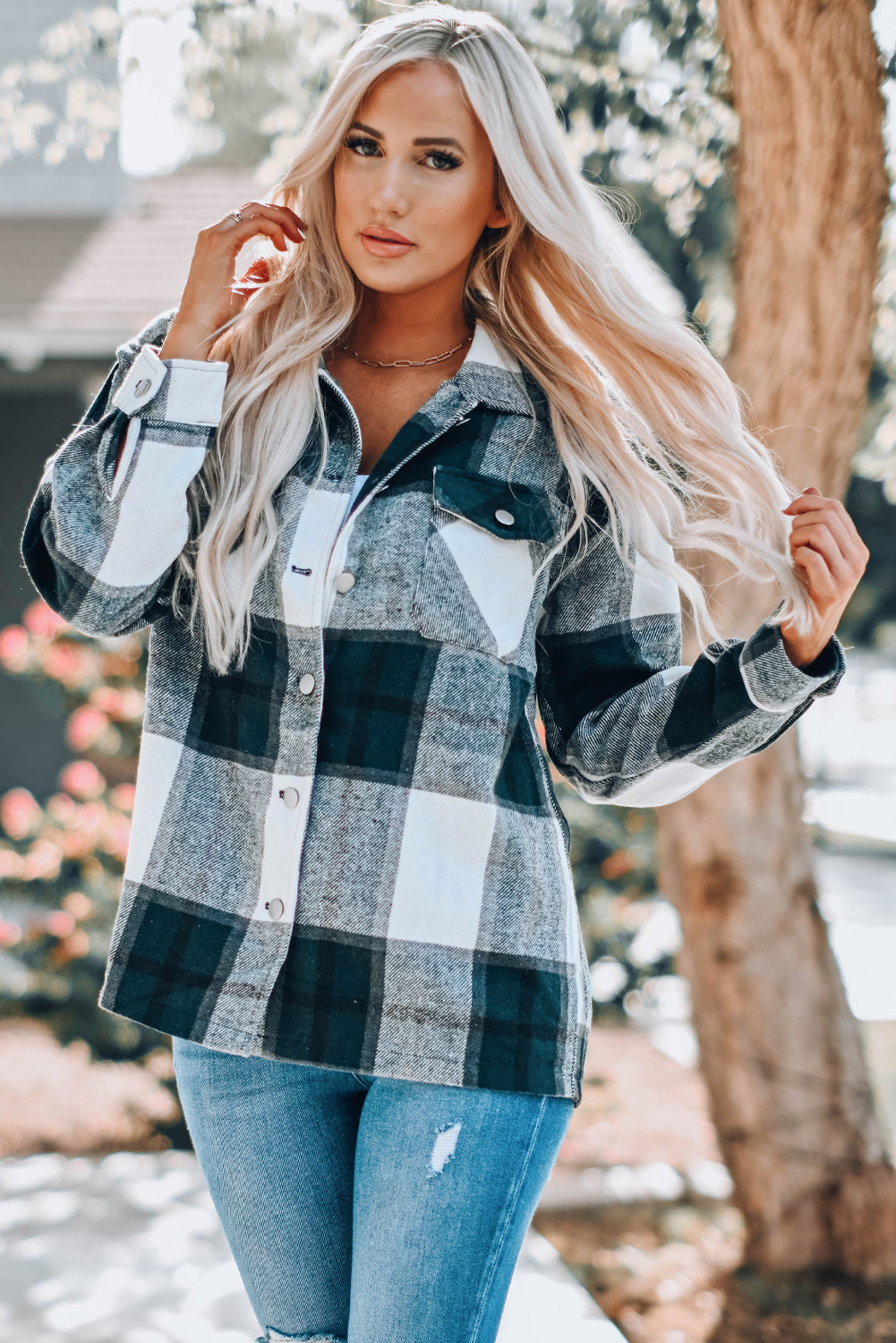 Khaki Plaid Print Buttoned Shirt Coat with Pocket