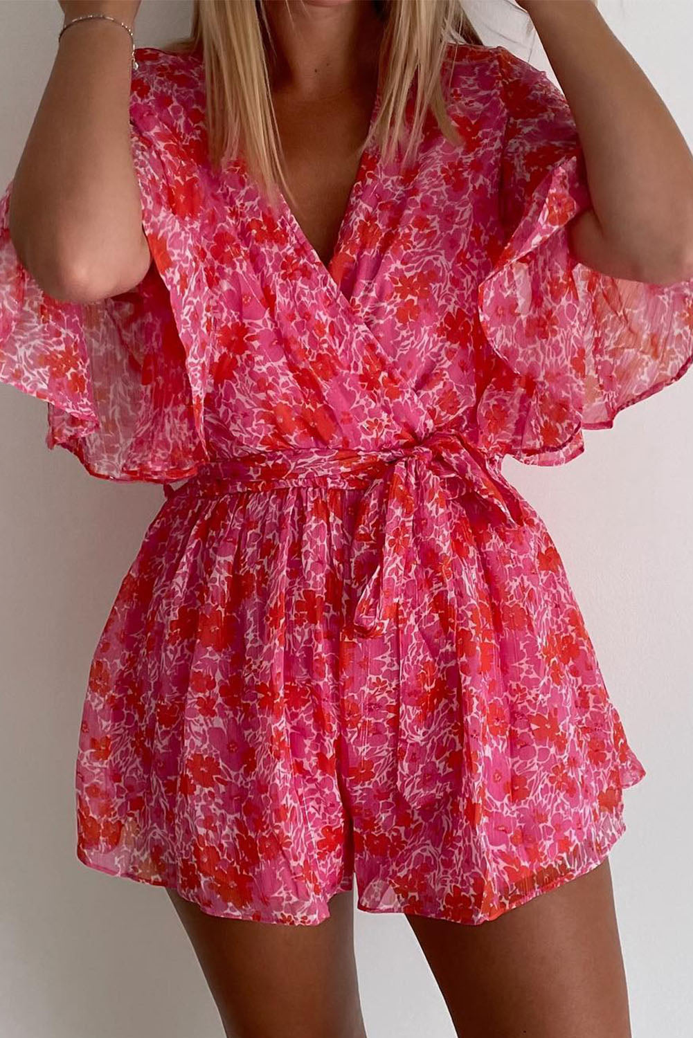 Pink V Neck Ruffled Sleeve Floral Romper