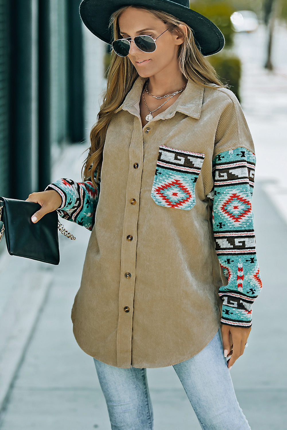 Gray  Aztec Pattern Sleeve Pocketed Corduroy Shacket