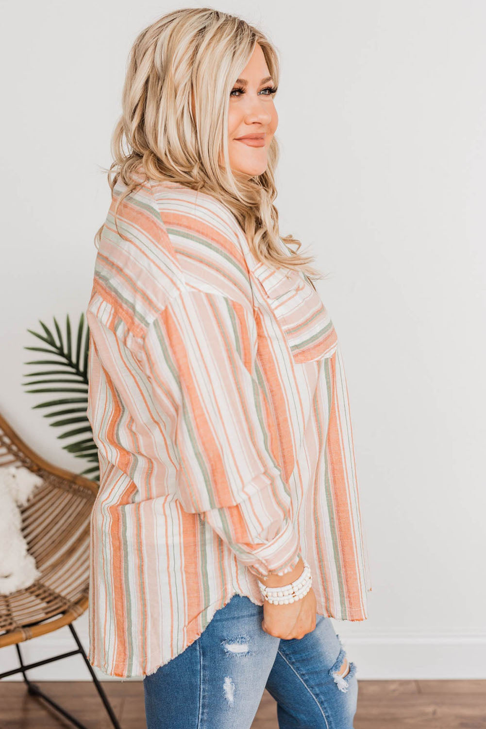 Orange Plus Size Striped Shirt with Chest Pockets