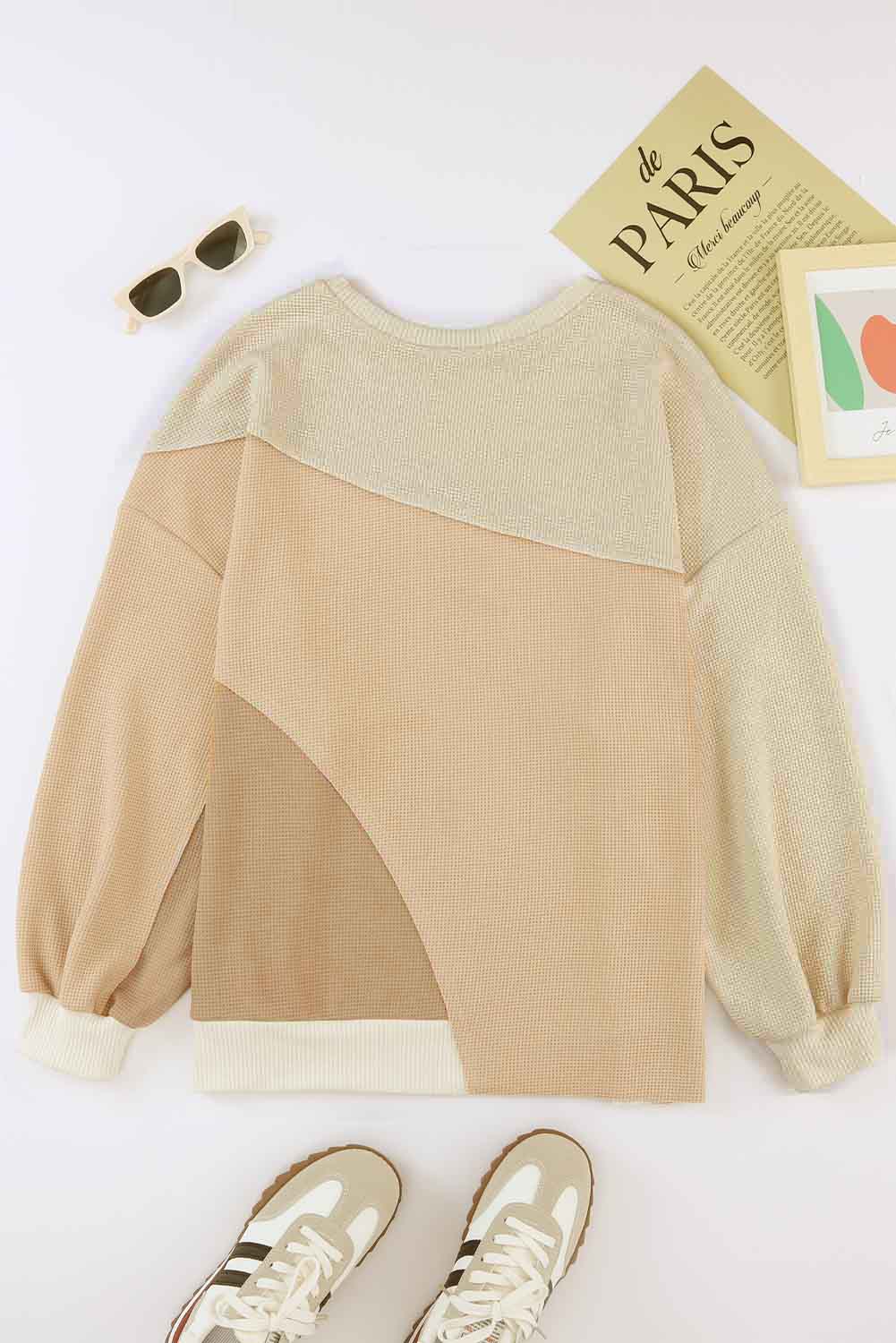 Khaki Irregular Colorblock Patchwork Pullover Sweatshirt